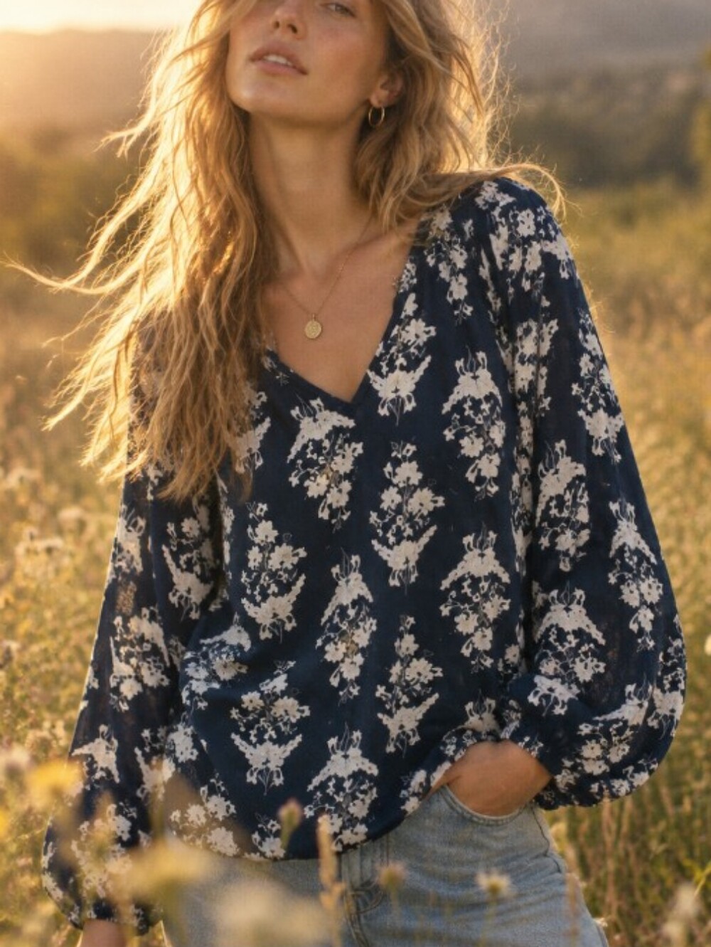 J. Crew Navy Blouse with White Floral Print